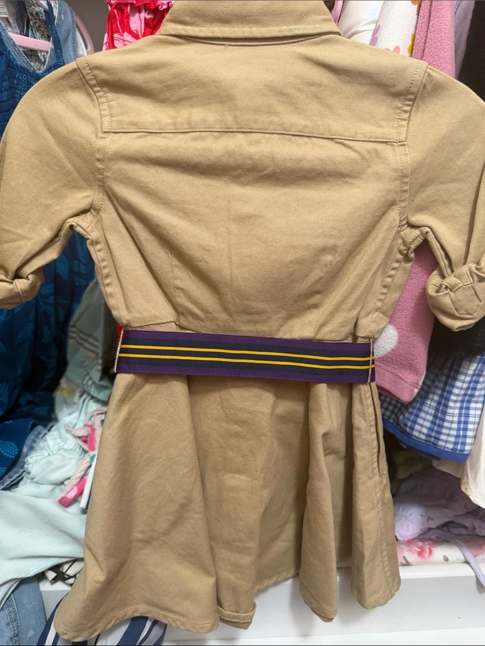 Ralph Lauren Tan Button-Front Dress with Navy & Purple Striped Belt